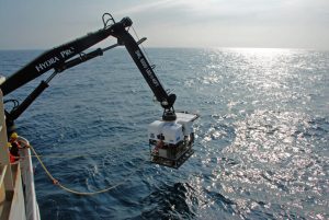 ROV Deep Discoverer (D2), is deployed off of the Okeanos. Credit: NOAA OER