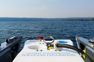 ROV Yogi looks out at Yellowstone Lake from the deck of R/V Annie just before a dive to the bottom of the Lake. Credit: Daniel R. Rogers, GFOE